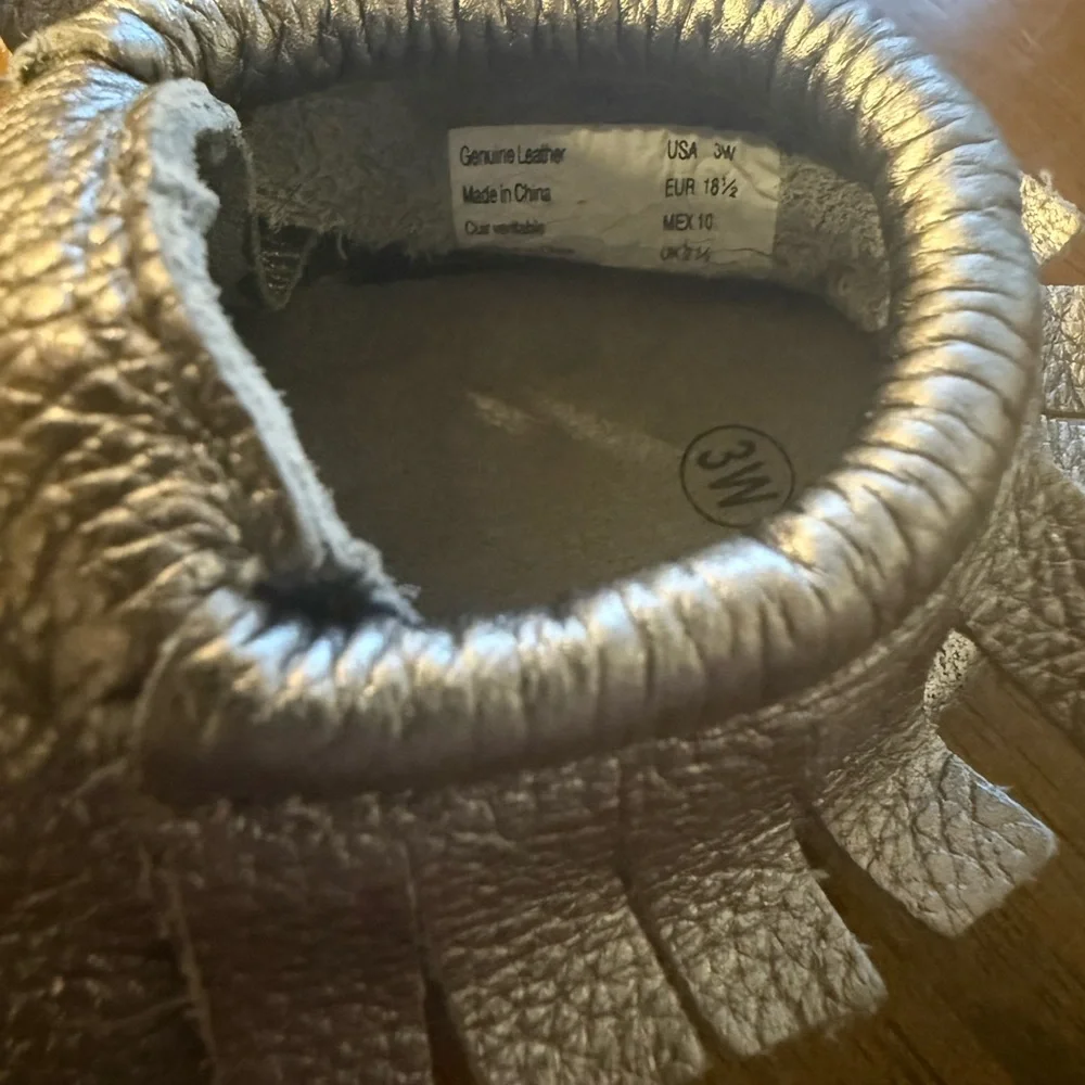 Pewter Leather Moccasins Baby Sz 3 EUC